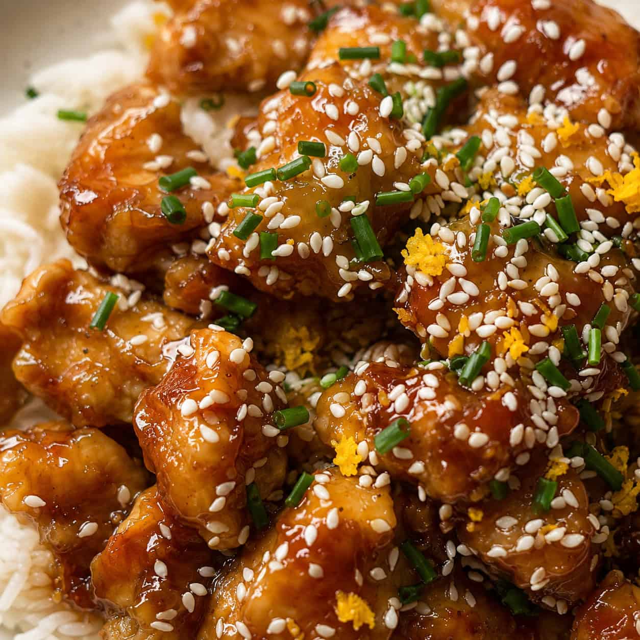Close-up of glazed chicken pieces on white rice, topped with sesame seeds, chopped chives, and grated lemon zest—an easy orange chicken recipe that’s both flavorful and visually appealing.