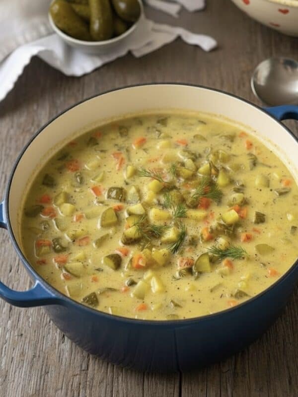 A pot of creamy Dill Pickle Soup with diced pickles, carrots, and herbs sits on a rustic wooden table beside a spoon and a bowl of whole pickles—an inviting take on the classic Zupa Ogórkowa.