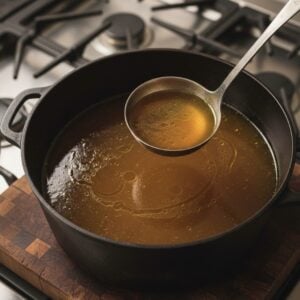 A metal ladle lifting golden brown homemade chicken broth from a black cast iron pot on a wooden cutting board, with a stove visible in the background.