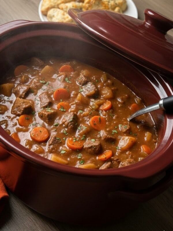A hearty Crockpot Beef Stew Recipe with chunks of beef, carrots, and potatoes in a thick broth, served in a red slow cooker with a ladle. Fresh biscuits can be seen on a plate in the background.