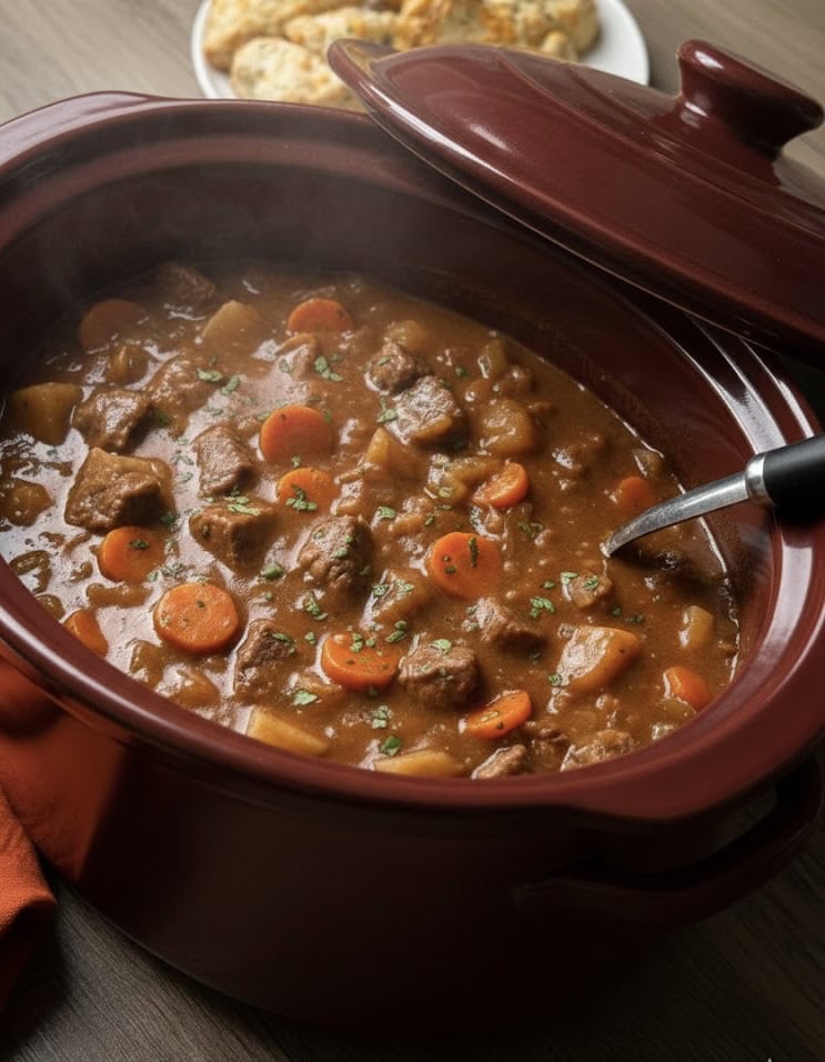 A hearty Crockpot Beef Stew Recipe with chunks of beef, carrots, and potatoes in a thick broth, served in a red slow cooker with a ladle. Fresh biscuits can be seen on a plate in the background.