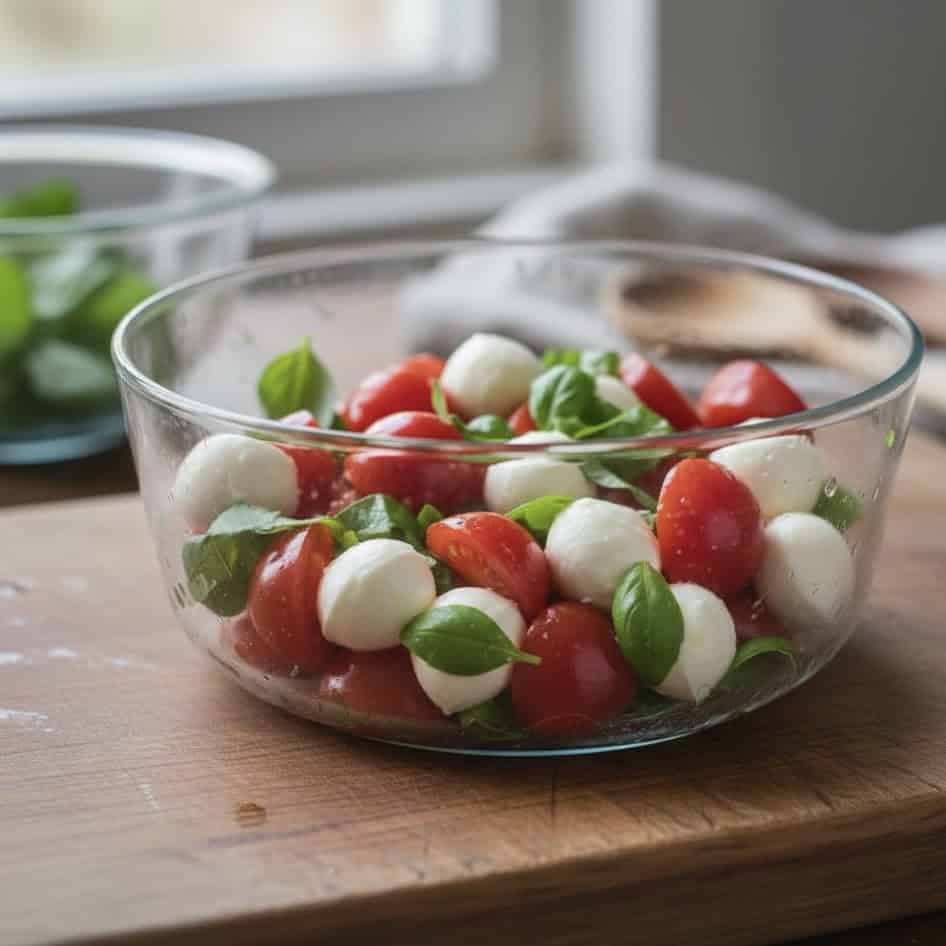 Fresh Italian Caprese salad with cherry tomatoes, mozzarella balls, and basil leaves. Perfect for summer appetizers or light meals.