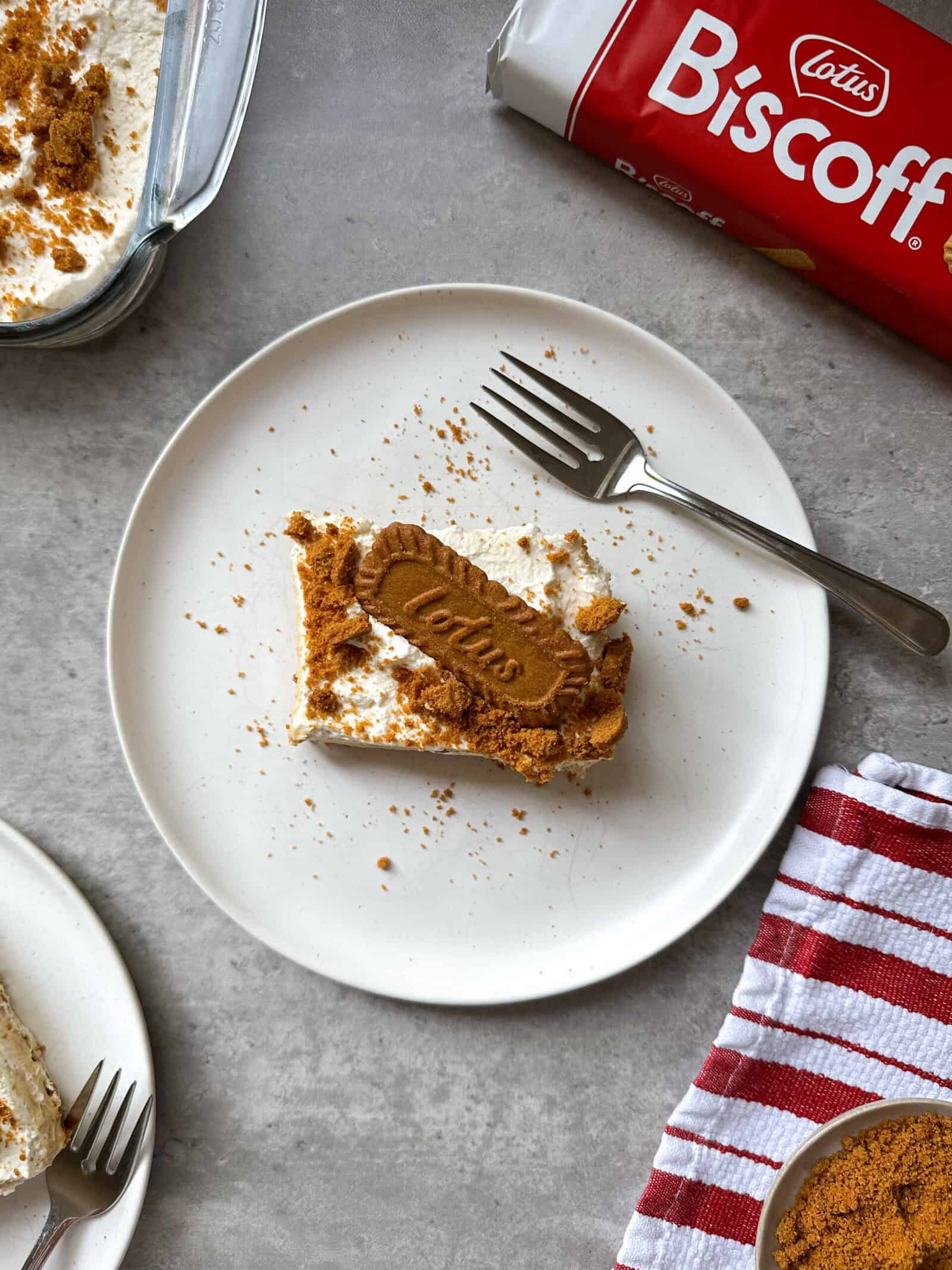 A slice of creamy Biscoff No Bake Cheesecake topped with a Lotus Biscoff cookie and crumbs sits on a white plate with a fork, next to a red-striped towel, Biscoff cookie pack, and a glass dish filled with more cheesecake.