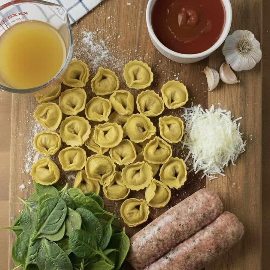 A wooden surface showcases ingredients for Sausage Tortellini Soup, including uncooked tortellini, fresh spinach, grated cheese, sausage links, garlic cloves, tomato sauce in a bowl, and broth—all dusted with flour.