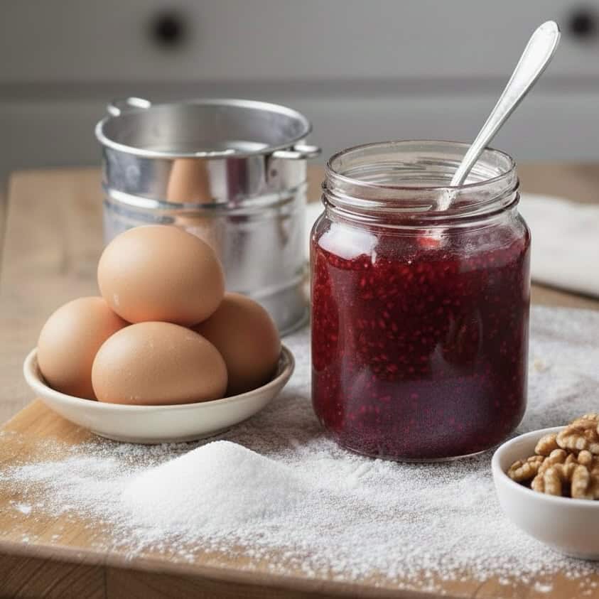 A jar of raspberry jam with a spoon sits on a wooden surface, surrounded by eggs in a bowl, a metal sifter, sugar, and walnuts—perfect ingredients for trying a Raspberry Thumbprint Cookies Recipe.