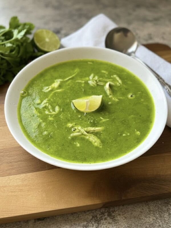 A white bowl of Green Goddess Soup with shredded chicken, garnished with a lime wedge. A spoon, napkin, fresh cilantro, and a halved lime are nearby on a wooden boardโperfect for fans of healthy soup recipes.