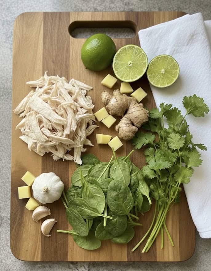 A wooden cutting board with ingredients for Green Goddess Chicken and Orzo Soup—shredded chicken, lime halves, ginger, cilantro, garlic cloves, spinach leaves, cheese cubes, and a white napkin arranged neatly.