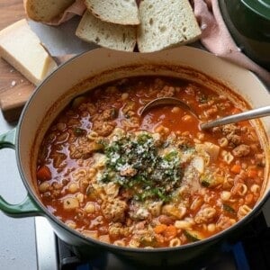A pot of hearty Minestrone simmers on the stove, filled with vegetables, pasta, and ground meat, then topped with herbs and grated cheese. Slices of rustic bread and cheese rest on a cutting board nearby.