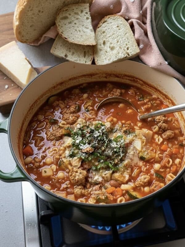 A pot of hearty Minestrone simmers on the stove, filled with vegetables, pasta, and ground meat, then topped with herbs and grated cheese. Slices of rustic bread and cheese rest on a cutting board nearby.