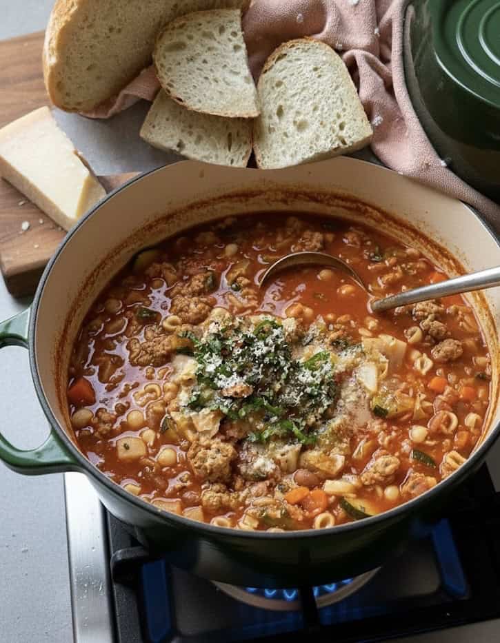 A pot of hearty Minestrone simmers on the stove, filled with vegetables, pasta, and ground meat, then topped with herbs and grated cheese. Slices of rustic bread and cheese rest on a cutting board nearby.