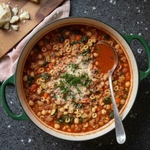 A pot of hearty Minestrone Soup with small pasta, vegetables, and ground meat, topped with grated cheese and herbs, sits on a dark countertop. Nearby, sliced bread and cheese await, complementing this classic Minestrone recipe.