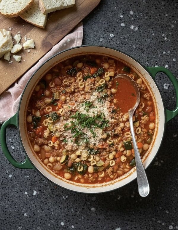 A pot of hearty Minestrone Soup with small pasta, vegetables, and ground meat, topped with grated cheese and herbs, sits on a dark countertop. Nearby, sliced bread and cheese await, complementing this classic Minestrone recipe.