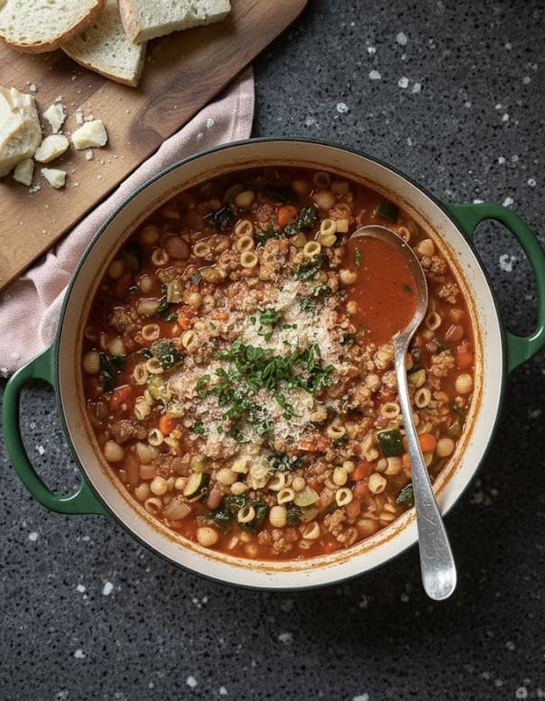 A pot of hearty Minestrone Soup with small pasta, vegetables, and ground meat, topped with grated cheese and herbs, sits on a dark countertop. Nearby, sliced bread and cheese await, complementing this classic Minestrone recipe.
