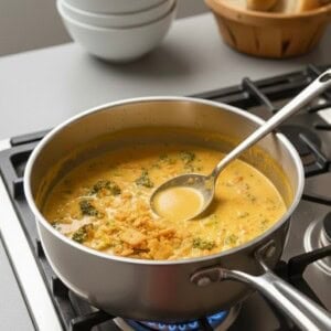 A pot of Easy Broccoli Cheddar Soup, creamy with broccoli and crumbled crackers, simmers on the stove with a ladle. In the background, stacked white bowls and a basket of bread rolls await serving.