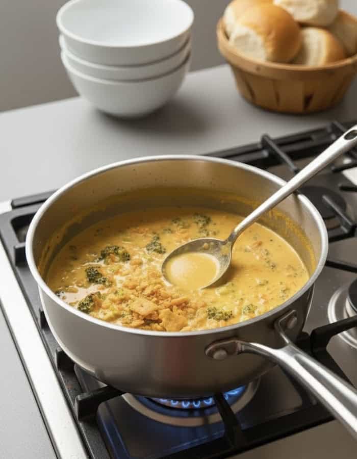 A pot of Easy Broccoli Cheddar Soup, creamy with broccoli and crumbled crackers, simmers on the stove with a ladle. In the background, stacked white bowls and a basket of bread rolls await serving.