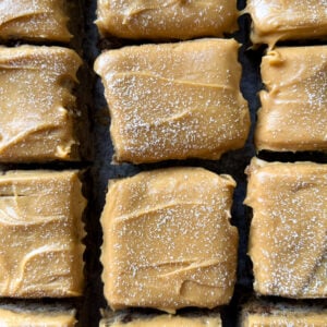 Close-up of square dessert bars topped with smooth peanut butter frosting and a sprinkling of fine white sugar, arranged in a neat grid pattern—perfect for fans of Banana Cake delights.