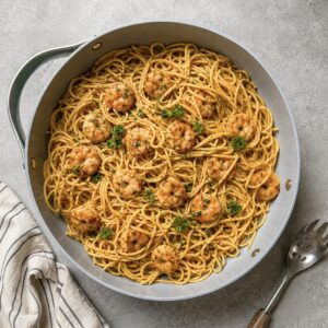 A skillet filled with spaghetti and shrimp in a savory sauce, garnished with fresh herbs, sits on a gray textured surface next to a striped napkin and a pasta serving fork.