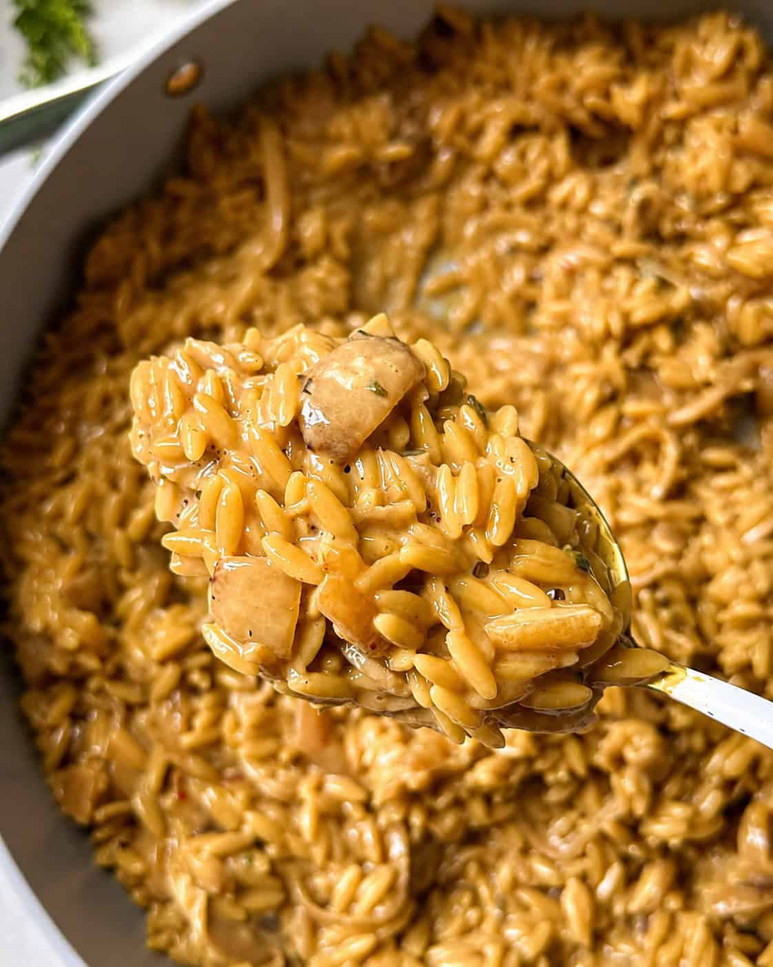 A close-up of a spoonful of creamy orzo pasta with onions and herbs, held above a pan filled with the same dish. The orzo has a rich, golden-brown sauce and appears savory and well-seasoned.