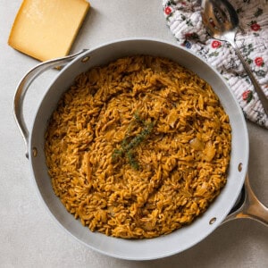A pan filled with cooked orzo pasta in a rich, brown sauce, garnished with herbs, sits on a light surface next to a wedge of cheese, a floral oven mitt, and a serving spoon.