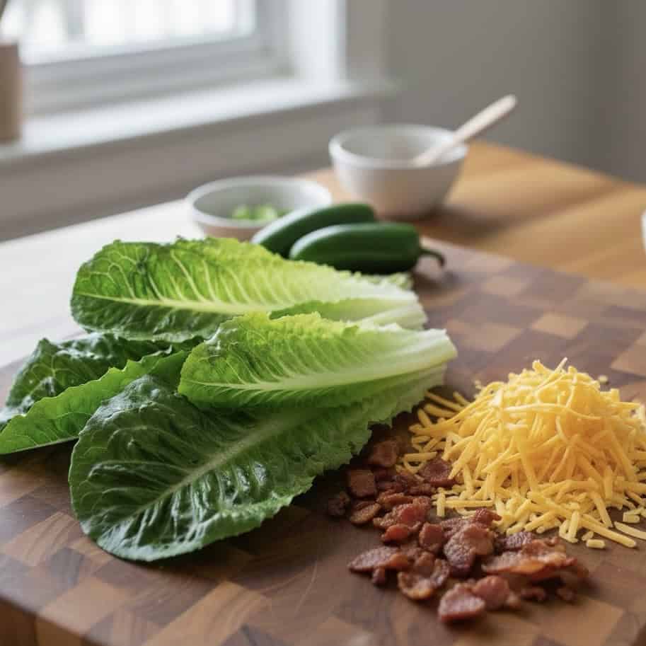 Romaine lettuce leaves, shredded cheddar cheese, and chopped cooked bacon are arranged on a wooden cutting board—perfect fixings for a Jalapeño Popper Chicken lettuce wrap. Two jalapeños and small bowls sit nearby on the kitchen counter by a window.