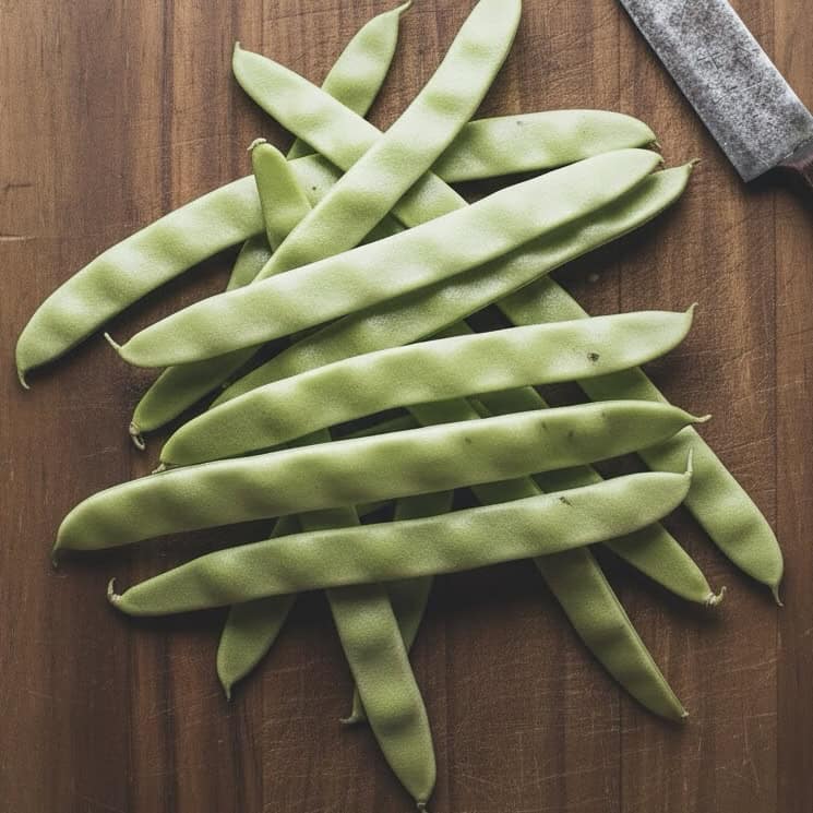 A pile of fresh, flat green beans is arranged on a wooden cutting board, ready to be chopped for a delicious flat bean salad, with a knife partially visible in the top right corner.