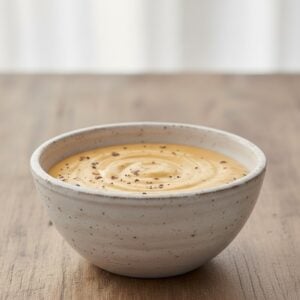 A ceramic bowl filled with creamy orange homemade caesar dressing, garnished with a sprinkle of black pepper, sits on a wooden surface with a soft-focus background.