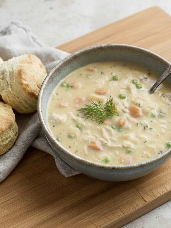 A bowl of creamy chicken pot pie soup with peas and carrots, garnished with dill, sits on a wooden board next to two flaky biscuits and a silver spoon.