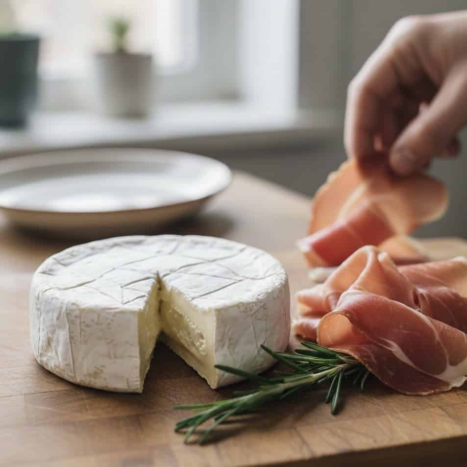 A wheel of brie cheese with a wedge cut out sits on a wooden board next to prosciutto slices and rosemary—a festive spread perfect for holiday appetizers. A hand reaches for prosciutto, with a plate and blurred window in the background.