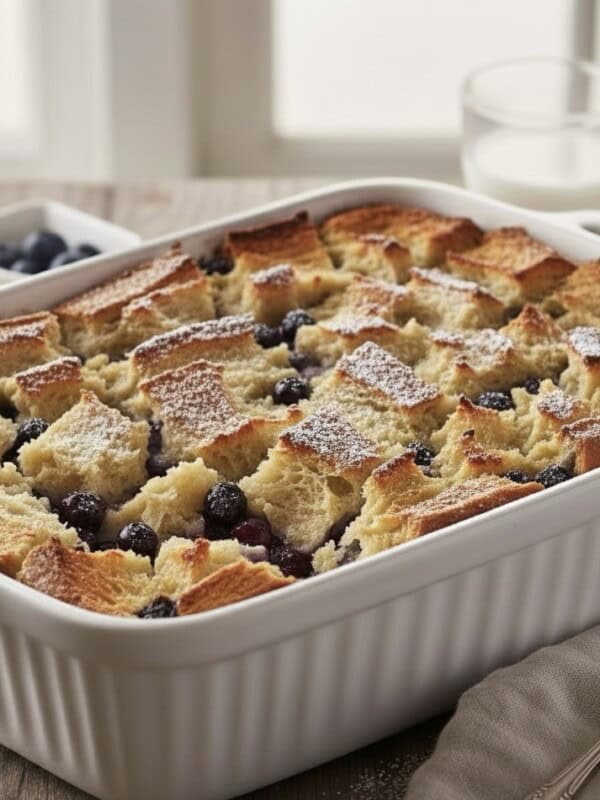 A white baking dish filled with golden-brown Blueberry French Toast Casserole, topped with blueberries and powdered sugar, sits on a wooden table, with a glass of milk and a bowl of blueberries in the background.