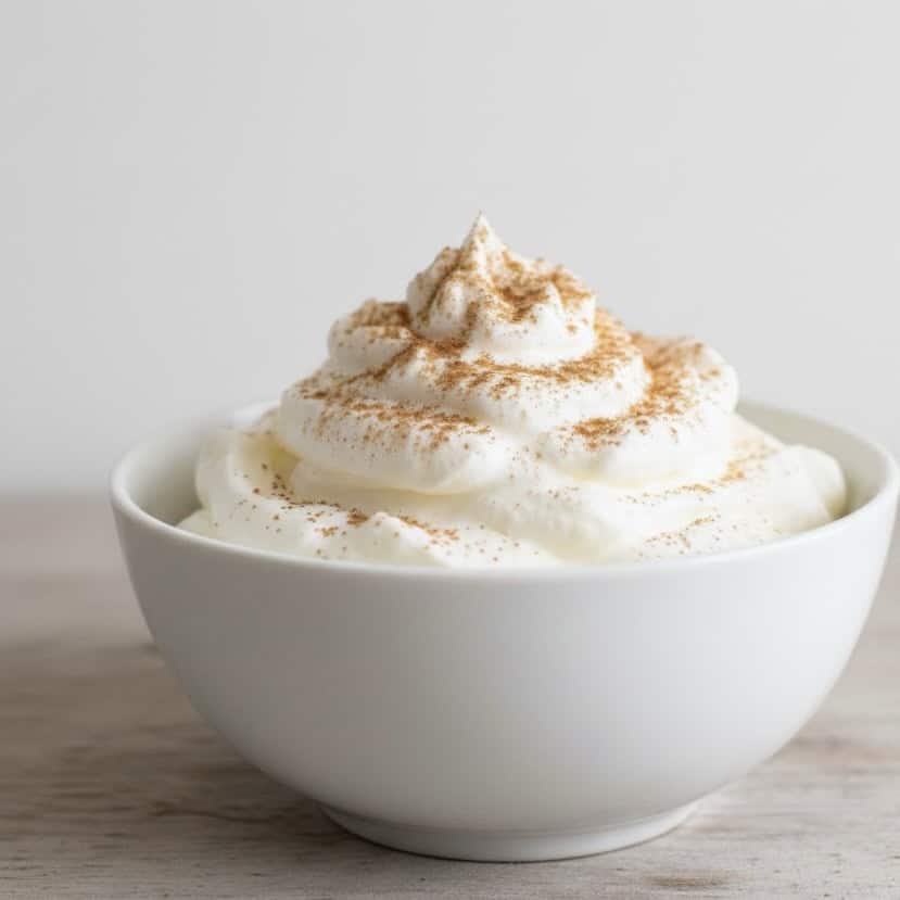 A white bowl filled with whipped cream, topped with a light dusting of cinnamon, sits on a light wooden surface—perfect for serving alongside your favorite Blueberry French Toast Casserole Recipe.
