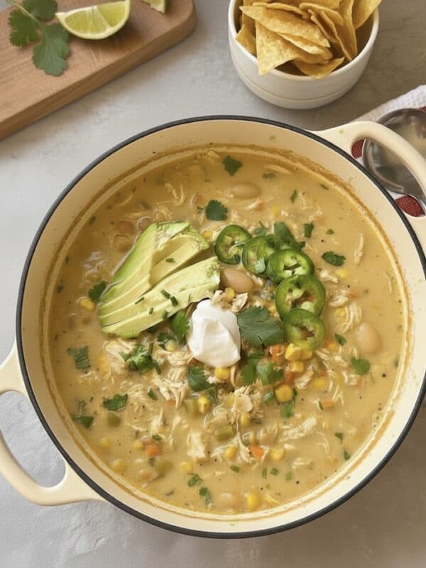 A pot of creamy white chicken chili, made from the best white chicken chili recipe, garnished with avocado, jalapeรฑo, cilantro, and sour cream, served alongside tortilla chips and lime wedges.