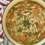 A pot of Easy Chicken Noodle Soup with shredded chicken, sliced carrots, noodles, and parsley in a savory broth. A red and white striped towel and spoon sit beside the pot for cozy serving.