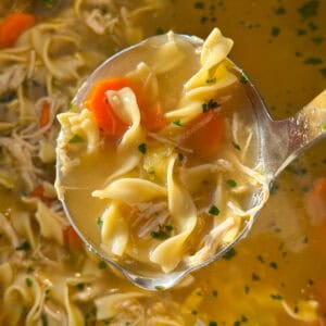 Close-up of a ladle holding easy chicken noodle soup with chunks of chicken, carrots, and noodles in a savory broth. Fresh herbs are sprinkled throughout, enhancing the hearty and comforting appearance of this homemade chicken noodle soup recipe.