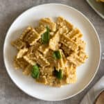 A white plate with creamy caramelized onion pasta garnished with fresh basil leaves. The short, wavy-edged pieces are lightly coated with sauce. This delicious dish is elegantly set on a textured gray tabletop.