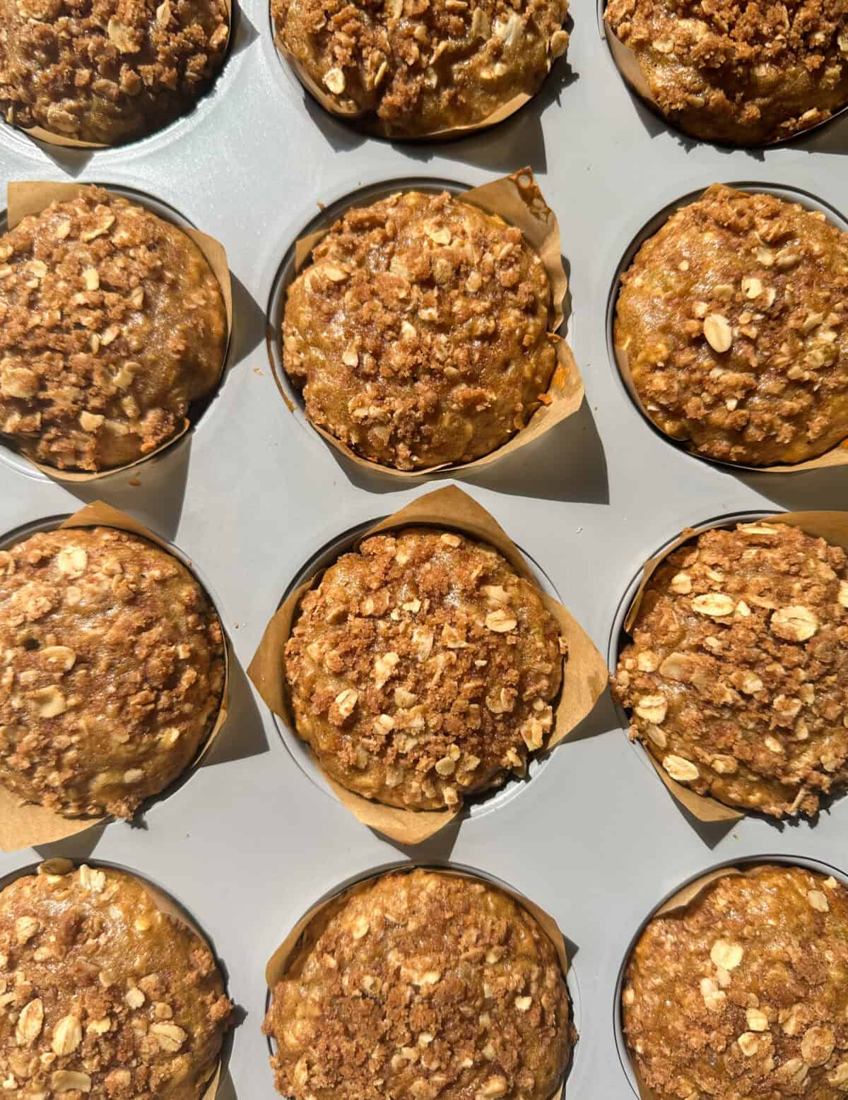 Twelve freshly baked oatmeal raisin muffins with a golden brown oat crumb topping, arranged in a muffin tin, viewed from above in bright natural light.