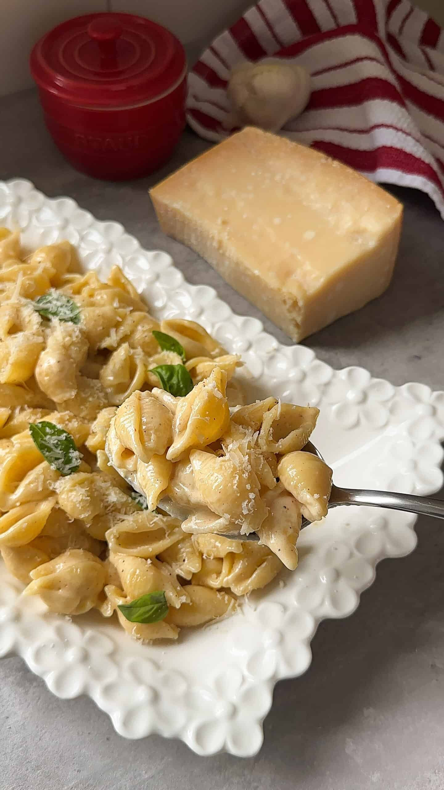 A forkful of creamy pasta shells in garlic cream sauce is garnished with basil above a white serving dish. In the background are a block of cheese, a clove of garlic, a red container, and a red-and-white striped towel.