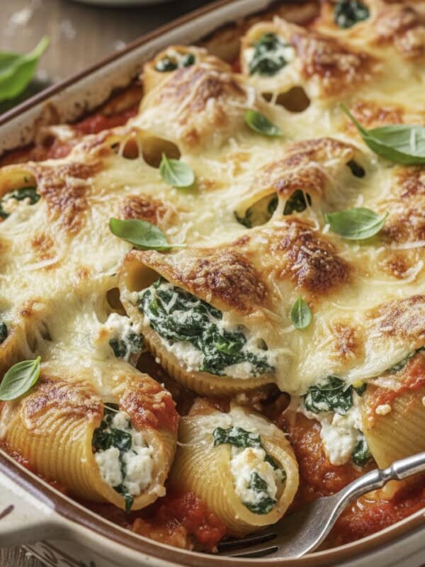 A baked dish of stuffed pasta shells filled with spinach and ricotta, topped with melted cheese and fresh basil leaves, sits in a casserole dish over tomato sauce—an irresistible stuffed pasta shells recipe, ready to serve with a fork.