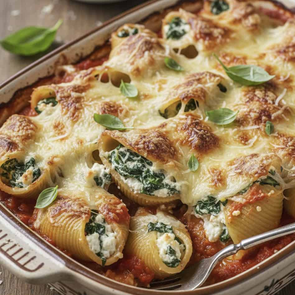 A baked dish of stuffed pasta shells filled with spinach and ricotta, topped with melted cheese and fresh basil leaves, sits in a casserole dish over tomato sauce—an irresistible stuffed pasta shells recipe, ready to serve with a fork.