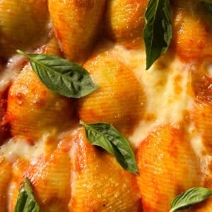 Fresh stuffed pasta shells with melted cheese and basil leaves, ready to serve.
