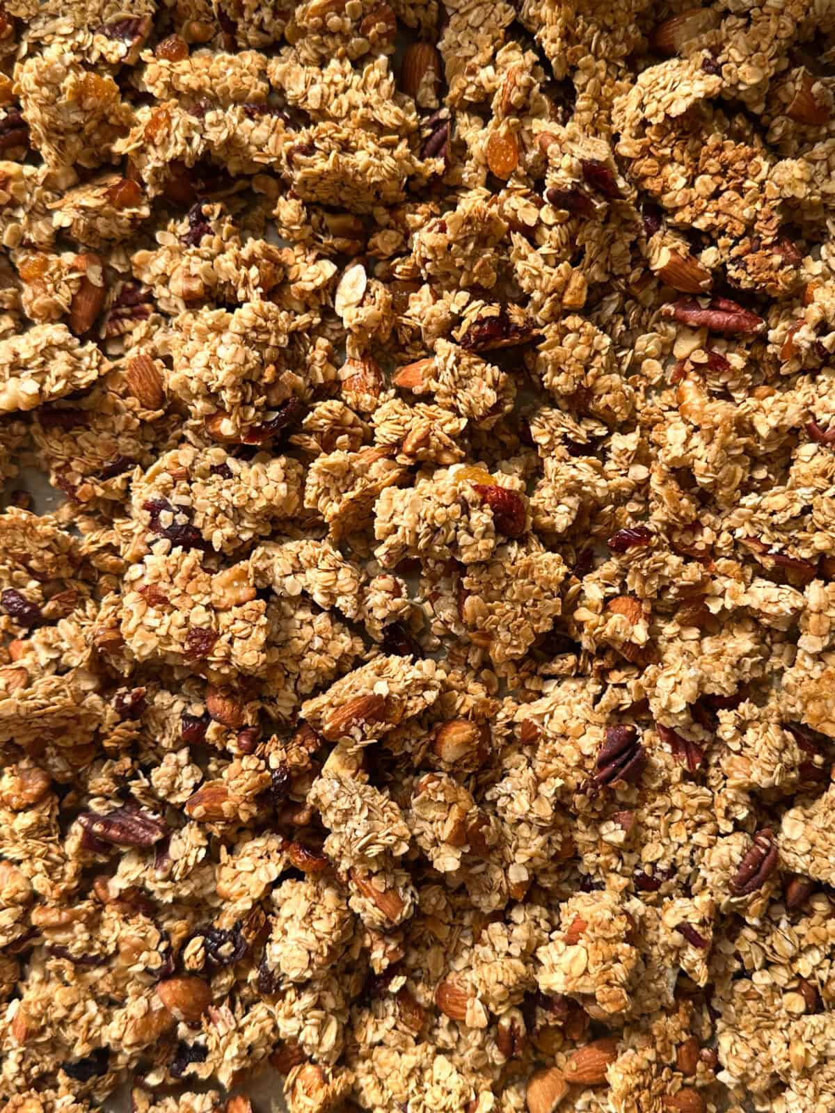Close-up of chunky granola clusters featuring oats, nuts, and seeds baked to a golden brown, with visible pieces of almonds and pecans throughout—perfect inspiration for how to make homemade granola.
