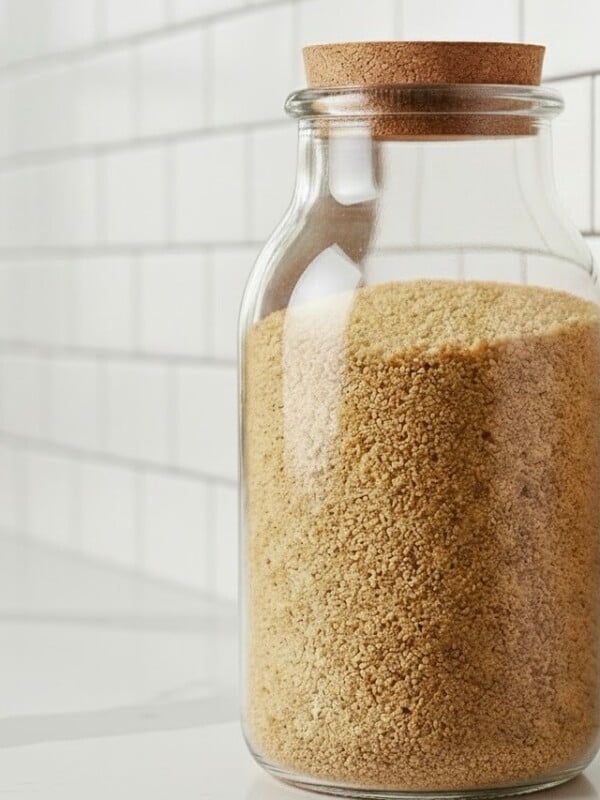 Natural sweetener in glass jar, minimalistic kitchen setting, white tiles background.