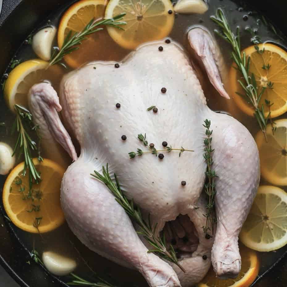 A whole raw turkey in a pan with water, lemon slices, rosemary, thyme, garlic cloves, and black peppercorns—perfect for marinating or as inspiration if you're looking for the Best Turkey Brine or learning How to Brine a Turkey.