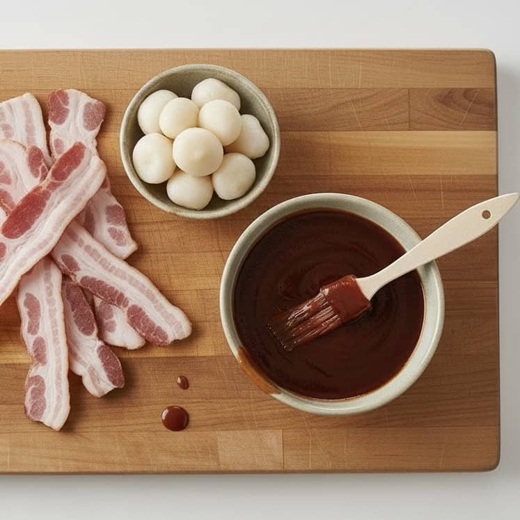 Sliced raw bacon, a bowl of peeled boiled eggs, and a bowl of barbecue sauce with a basting brush are arranged on a wooden cutting board—perfect for prepping a bacon wrapped water chestnuts recipe.