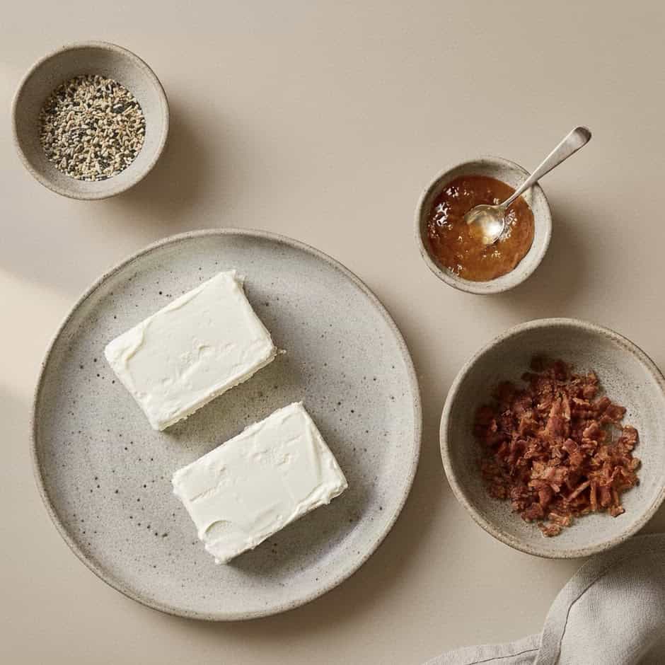 Two blocks of baked cream cheese sit on a speckled plate, surrounded by small bowls of everything bagel seasoning, crumbled bacon, and orange marmalade with a spoon, all resting on a beige surface.