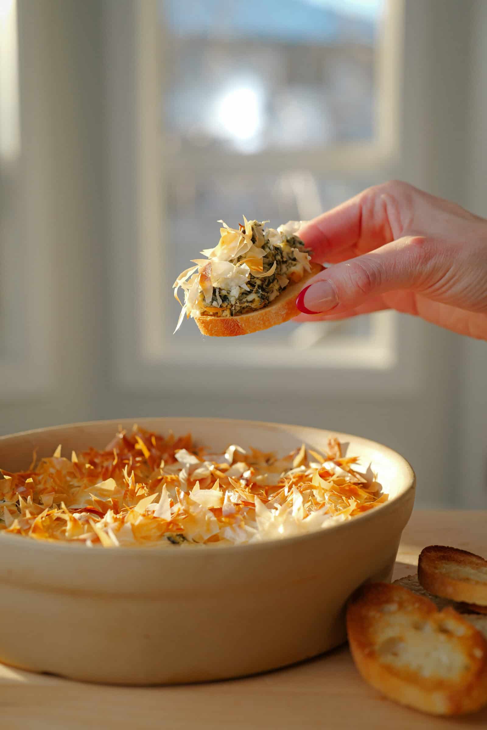 A hand holds a toasted slice of bread topped with a creamy, cheesy dip, above a round dish filled with the same dip and garnished with grated cheese and crispy bits. Sunlight streams through windows in the background.