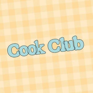 Light blue text reading cook club is centered on a cheerful yellow and white gingham background.