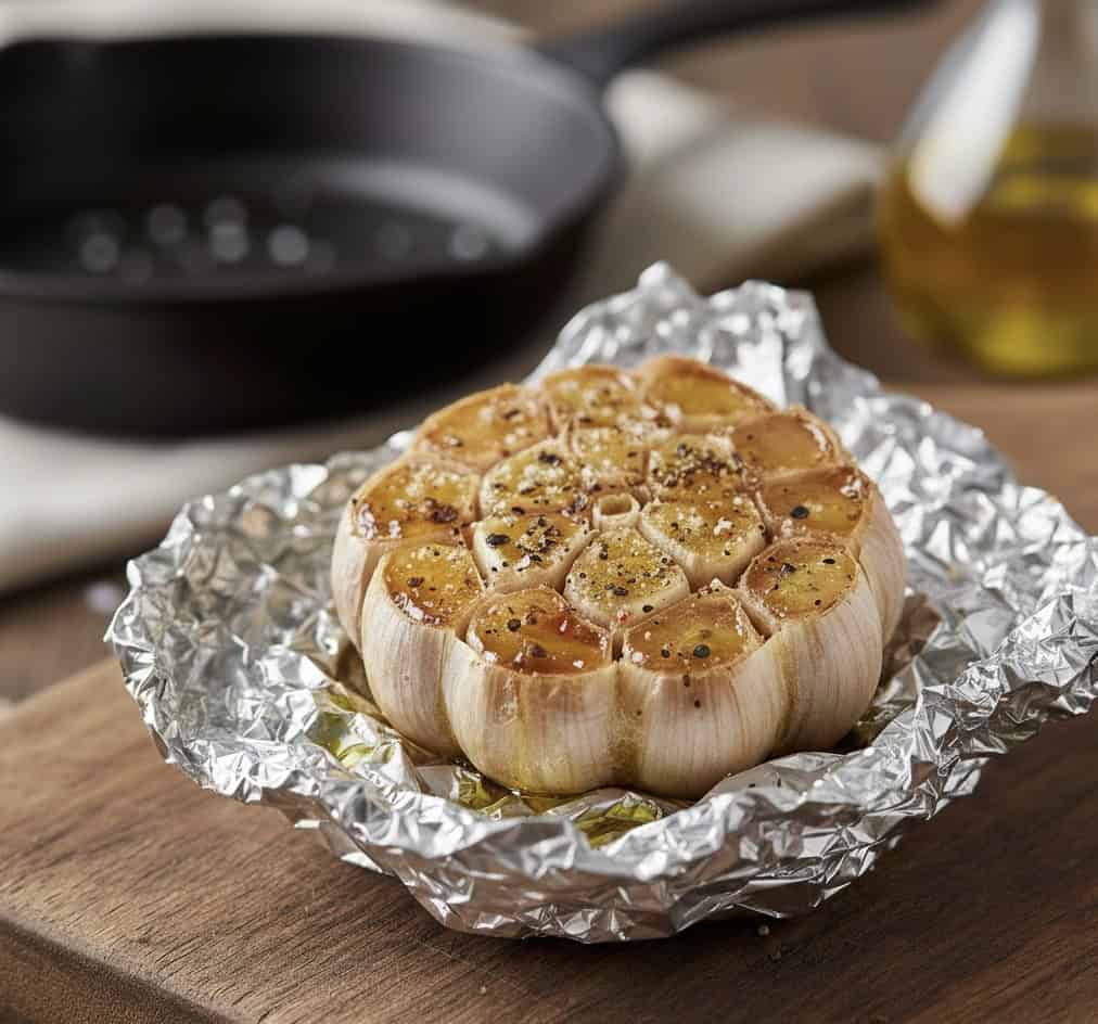 A roasted garlic bulb, seasoned with pepper and herbs, sits on crumpled aluminum foil on a wooden surface—perfect for adding depth to your favorite Garlic Pasta. A cast iron skillet and a bottle of olive oil blur in the background.