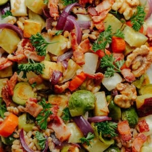 A colorful salad with Brussels sprouts, roasted carrots, walnuts, red onion, bacon pieces, cubed potatoes, grains, and fresh parsley.
