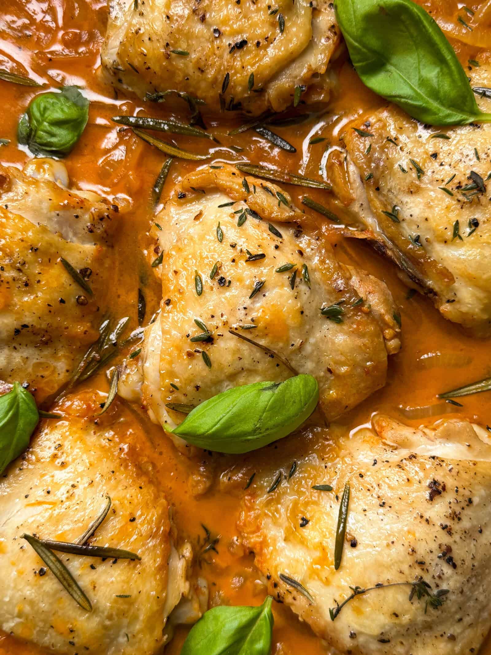 Golden-brown chicken thighs in a rich, orange-colored sauce with onions, garnished with fresh basil leaves, rosemary, and thyme. This savory chicken and onions recipe is perfect for delicious chicken dinners.