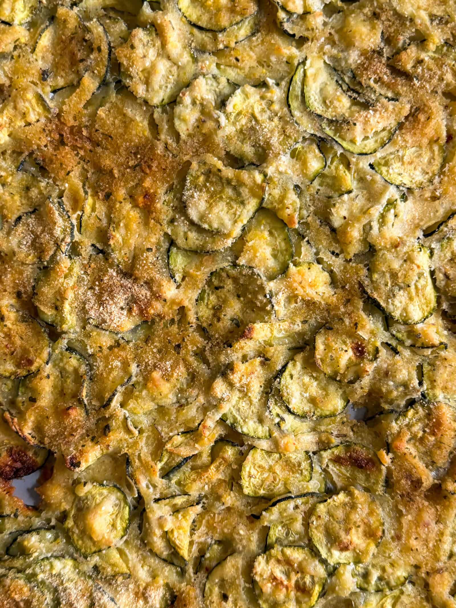 Close-up of a baked zucchini casserole with thinly sliced zucchini circles, reminiscent of Zucchini Scarpaccia, coated in a golden, crispy breadcrumb and cheese topping. The surface appears textured and lightly browned.